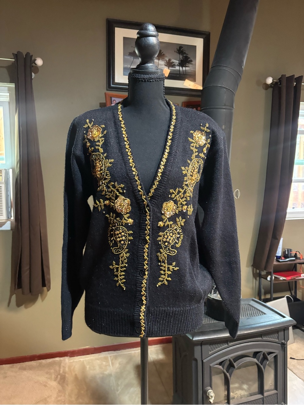 Alfred Dunner Black Cardigan with Gold Floral Embroidery
